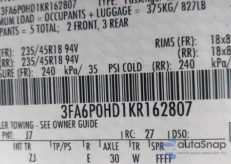 2019 Ford Fusion Se из США, поврежденный, VIN 3FA6P0HD1KR162807